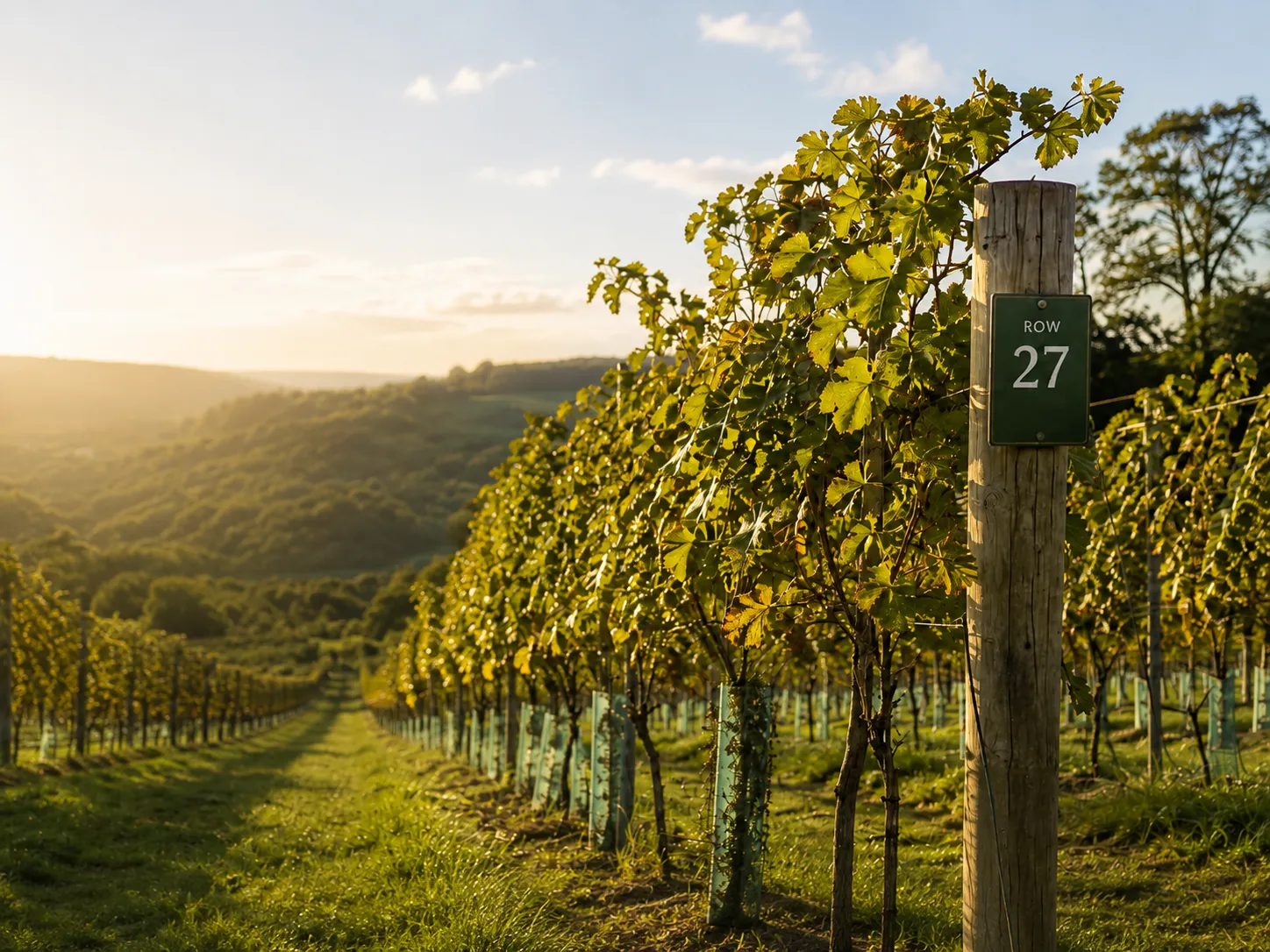 Row 27 of a leased vineyard plot, marked with its own numbered sign